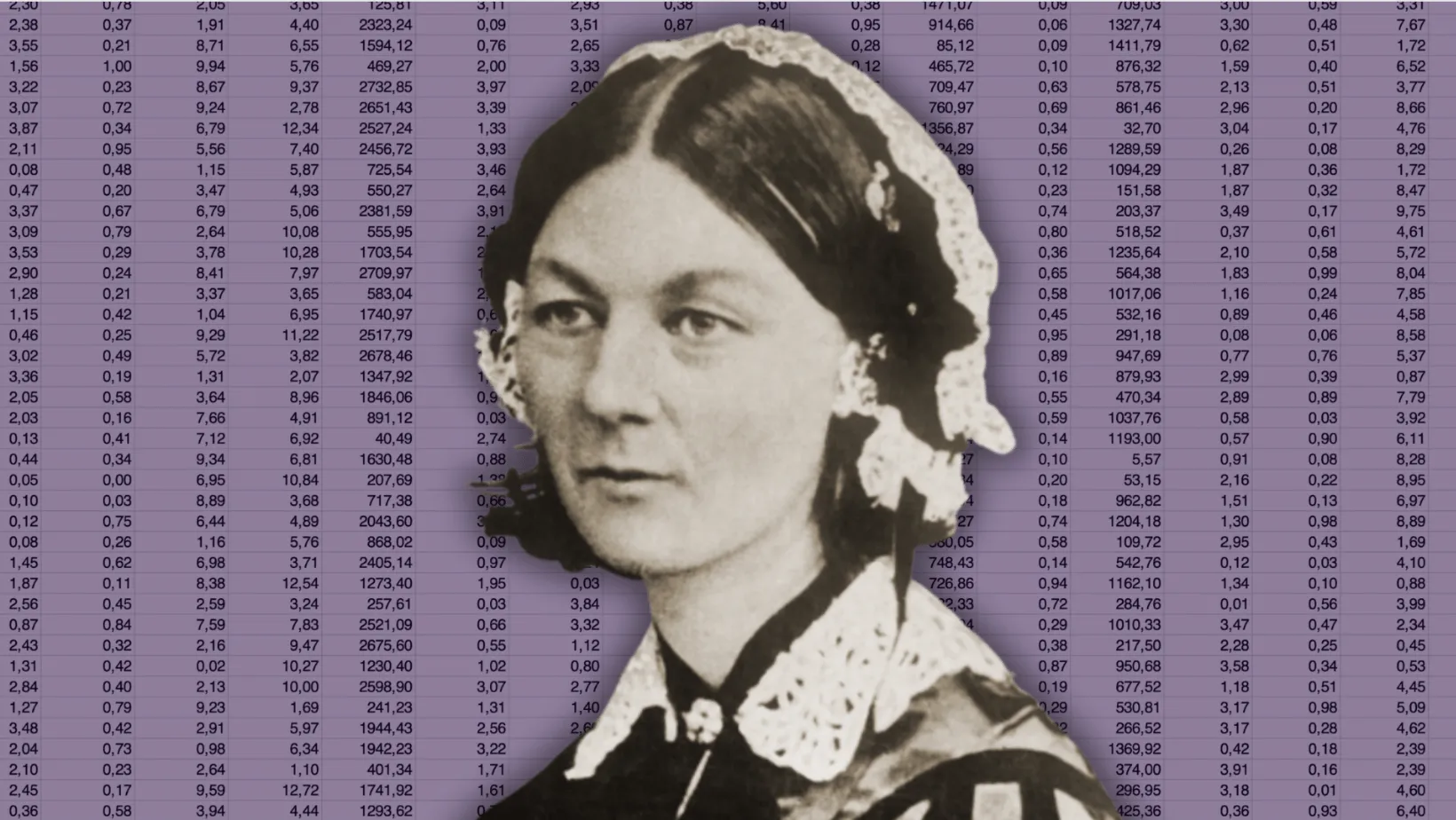 Black and white portrait of Florence Nightingale superimposed over a faded background filled with numerical data, representing her contribution to modern nursing and statistical methods.