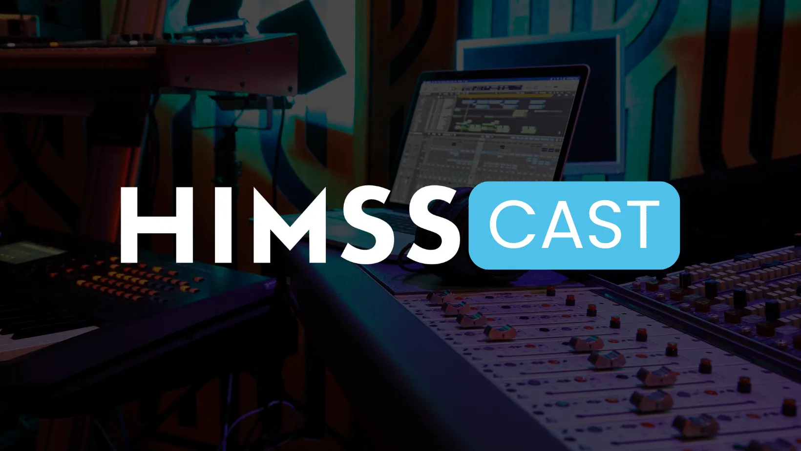 White and blue HIMSS podcast logo over a dark background.
