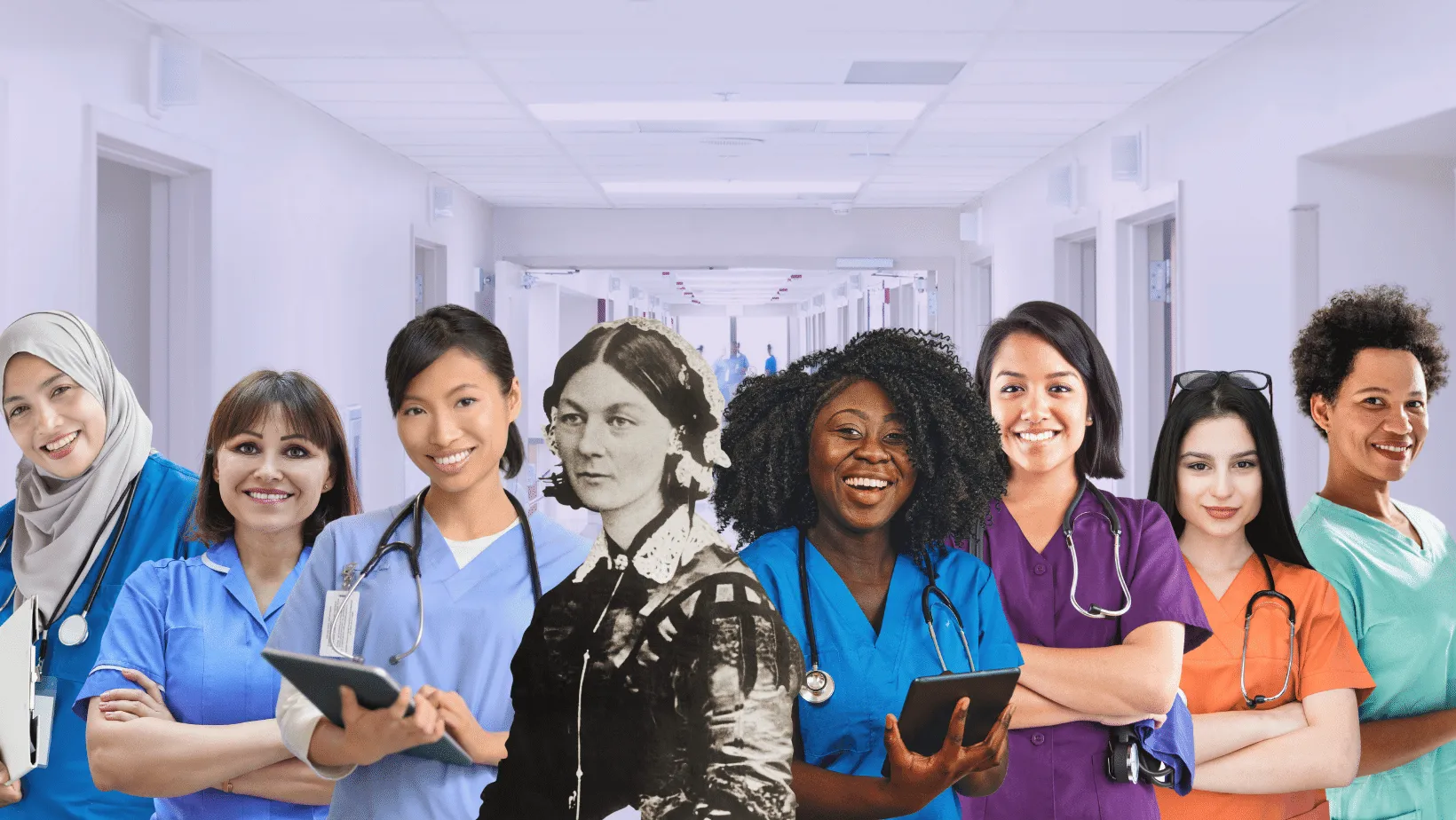 A collage of diverse female healthcare professionals in uniforms, including nurses and a doctor, with a historical figure in black and white superimposed in the center, symbolizing the legacy and future of nursing, set against a hospital corridor backdrop.