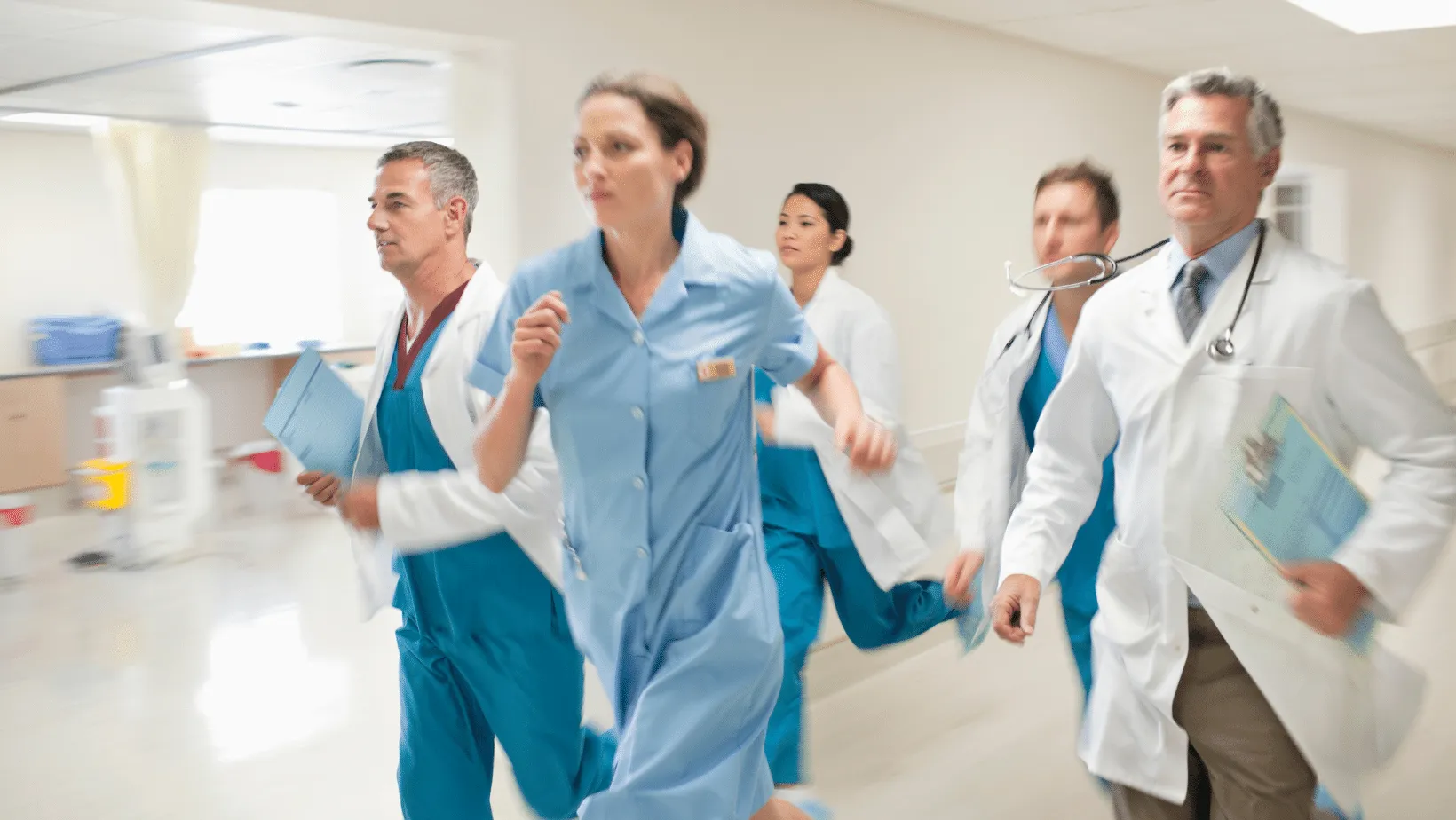 A dynamic image of a team of medical professionals, including doctors and nurses in scrubs and white coats, rushing through a hospital corridor, likely responding to an emergency.