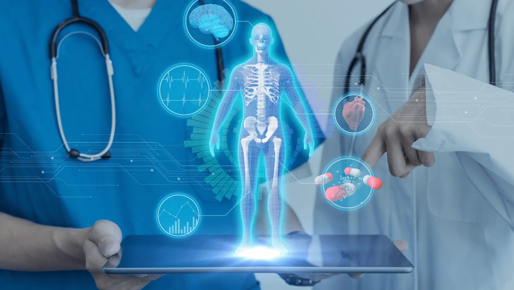 Healthcare professionals using a tablet to interact with a futuristic holographic display of a human body and various health data, indicating advanced medical technology.